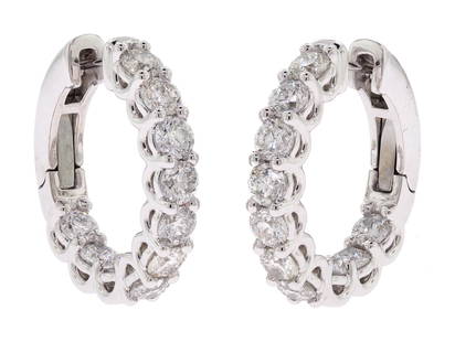4 CT. TW. DIAMOND INSIDE OUT HOOP PLATINUM EARRINGS.: A pair of platinum (stamped) inside out hoop earrings with locking hinge closures, set with exactly 4.35 ct. tw. (marked) round brilliant cut, natural diamonds of G-H-I color and SI-I clarity, approx.