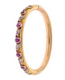 ANTIQUE 10K GOLD PINK SAPPHIRE & DIAMOND BANGLE.