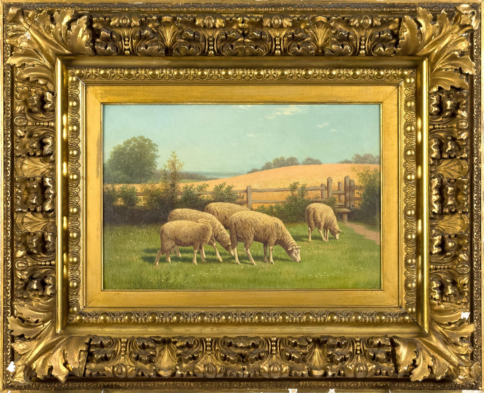WILLIAM FREDERICK PARKER OIL, SHEEP IN PASTURE.: A William Frederick Parker (Nebraska 1854-1902) oil on board, sheep in pasture with grain field in distance, signed lower left, WF Parker. Panel 12” x 18”, Overall in frame 25” x 30.