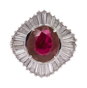 18K GOLD 4 CT. NATURAL RUBY & DIAM. BALLERINA RING.