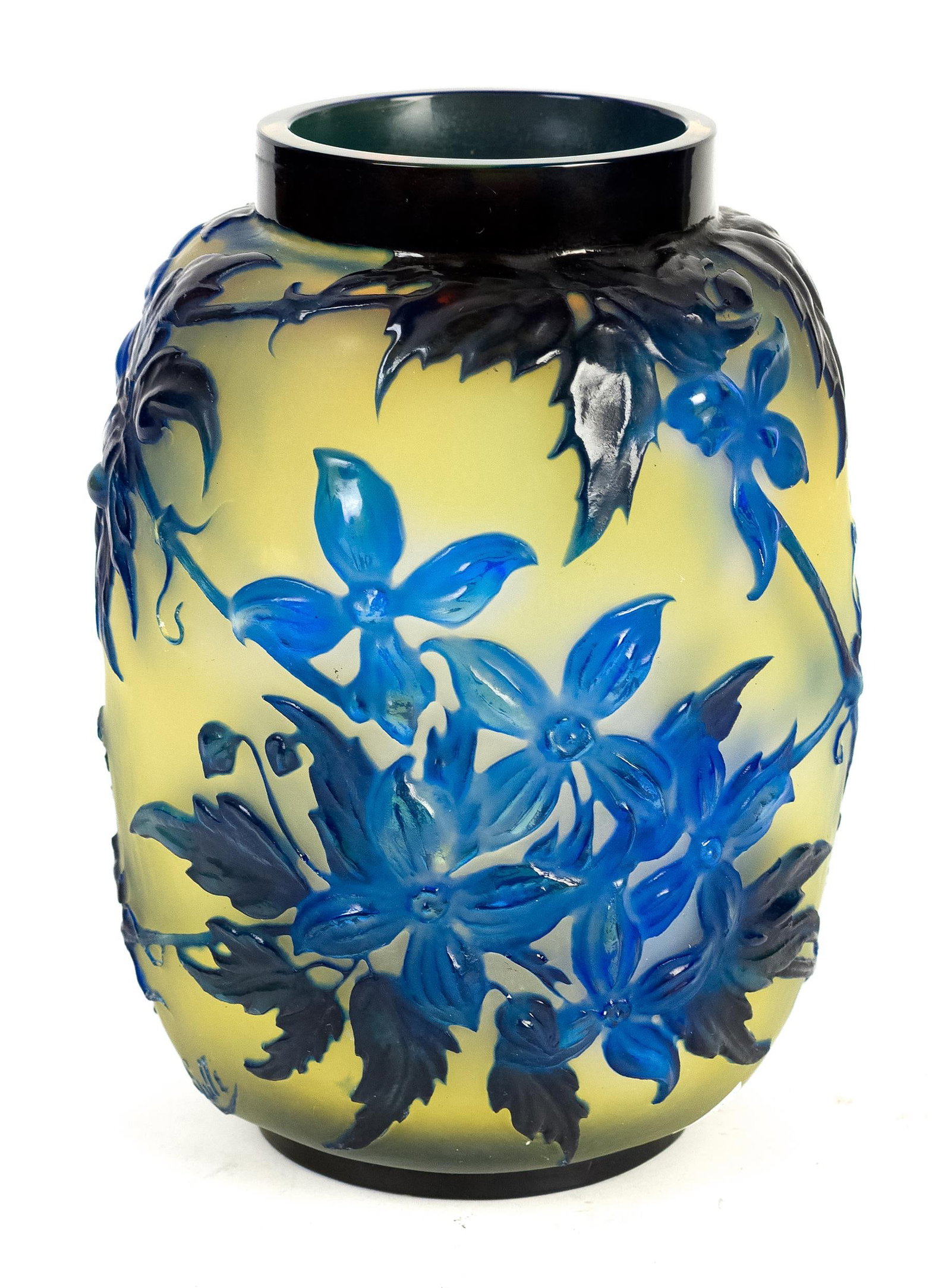 GALLE BLOWN-OUT CLEMATIS GLASS VASE.: A fine Galle blown-out glass vase, Clematis pattern, in strong blue colors. Signed in cameo, Galle. 9.5”H x 6” dia.