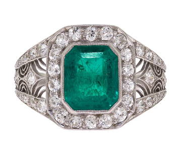 EDWARDIAN 2.5 CT. EMERALD & DIAMOND PLATINUM RING.: An Edwardian platinum (tested) ring set with an approx. 2.5 ct. emerald cut, medium dark, slightly bluish green emerald, accompanied by an AGL Report #1147660, stating, natural beryl, transparent, Col