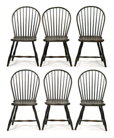 SET OF 6 ANTIQUE GREEN PAINTED WINDSOR CHAIRS.