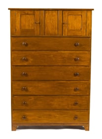 19TH C. SHAKER TALL CHEST WITH CUPBOARD TOP.