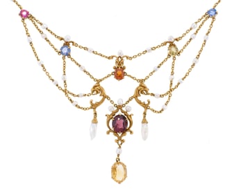 ANTIQUE 14K GOLD GEMSTONE & PEARL FESTOON NECKLACE.