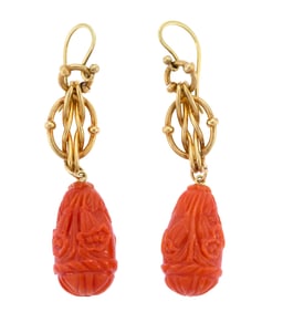 18K GOLD CARVED SALMON CORAL DROP EARRINGS.