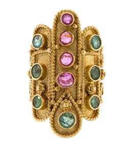 BYZANTINE STYLE 18K GOLD RUBY & EMERALD RING.