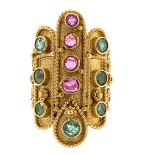 BYZANTINE STYLE 18K GOLD RUBY & EMERALD RING.: A Byzantine style, 18k yellow gold (stamped) wide ring set with approx. 4.0 ct. tw. faceted round, medium light rubies and medium light green emeralds. Ring size 8, 1 3/16 inches wide, 13 grams.