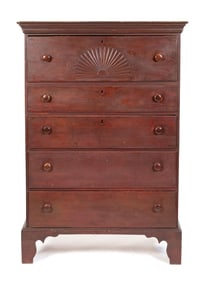 18TH C. RED PAINTED CHEST W/FAN CARVING