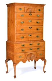 18TH C. AMERICAN TWO PART MAPLE FAN CARVED HIGHBOY.