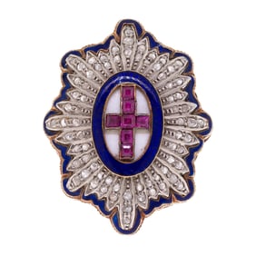 14K GOLD ENAMEL, ROSE CUT DIAMOND & RUBY CROSS RING.