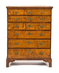 18TH C. TIGER MAPLE CHIPPENDALE TALL CHEST.