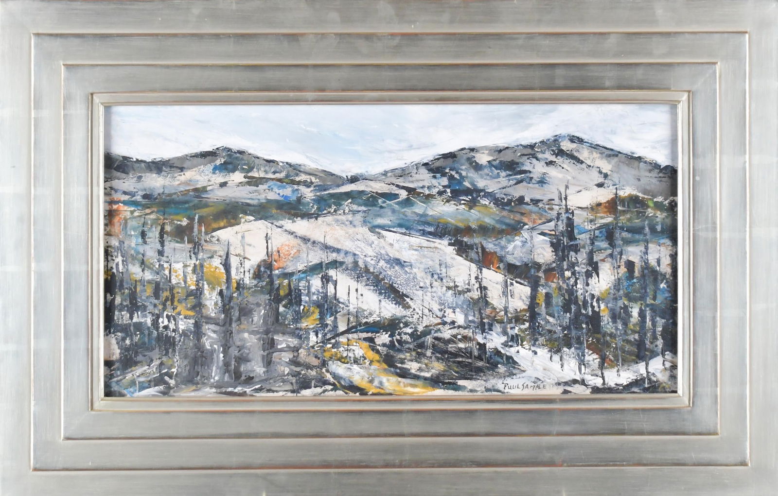 PAUL SAMPLE OIL ON PAPER, CROTCHED MOUNTAIN, NH.: Paul Starrett Sample (Am. 1896-1974) oil on paper laid on board, view of Crotched Mountain from Bennington NH, artist signed lower right. Image 11.5” x 23.5”, Overall in a Steve Motika sil