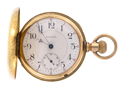 ANTIQUE WALTHAM 18K GOLD HUNTING CASE POCKET WATCH.