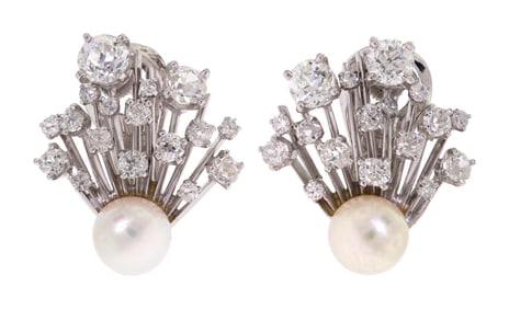 VINTAGE PLATINUM DIAMOND & PEARL EARRINGS.