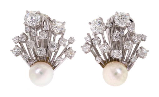 VINTAGE PLATINUM DIAMOND & PEARL EARRINGS.: A pair of vintage, platinum post earrings with omega clip closures set with approx. 3.0 ct. tw. Old European and Old Mine and single cut, natural diamonds of G-H-I color and VS clarity and 7.7 mm roun