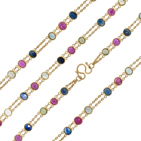 21K GOLD THAI GREEN & BLUE SAPPHIRE & RUBY NECKLACE.
