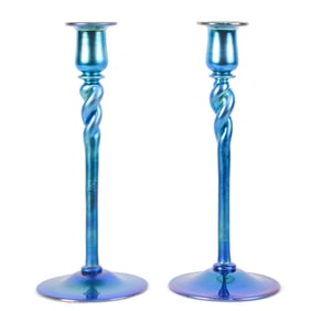 PAIR OF STEUBEN BLUE AURENE CANDLESTICKS.