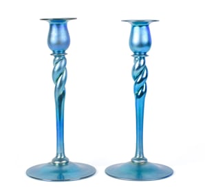 STEUBEN BLUE AURENE CANDLESTICKS.