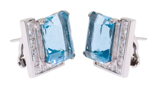 VINTAGE PLATINUM & 18K GOLD AQUA & DIAMOND EARRINGS.