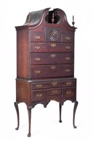 18TH C. AMERICAN CHERRY BONNET TOP HIGHBOY.