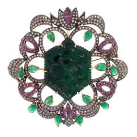 EAST INDIAN EMERALD, DIAMOND & RUBY PIN/PENDANT.