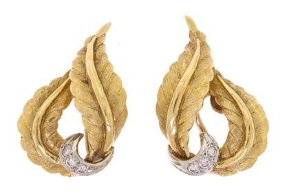 VINTAGE 18K GOLD & DIAMOND LEAF CLIP EARRINGS.