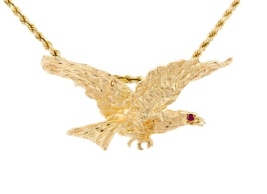 14K YELLOW GOLD ROPE CHAIN & EAGLE PENDANT W/ RUBY.