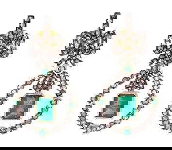 SILVER & 14K ROSE CUT DIAMOND & EMERALD EARRINGS.: A pair of sterling silver (tested) and 14k yellow gold (tested) dangle earrings set with approx. 3.5 ct. tw. emerald cut and faceted round, medium green emeralds and approx. 1.0 ct. tw. rose cut, natu