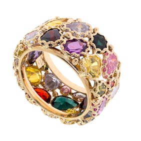 ITALIAN 14K GOLD MULTI-COLOR MOSAIC GEMSTONE RING.