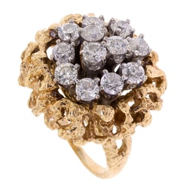MID-CENTURY 18K GOLD NATURALIST DIAMOND CLUSTER RING.