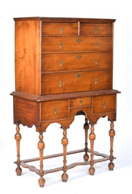 WM AND MARY TWO PART TIGER MAPLE HIGHBOY.