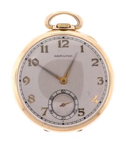 ANTIQUE 14K GOLD HAMILTON OPEN FACE POCKET WATCH.