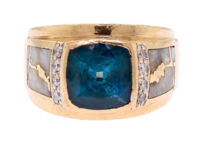 GENTS 14K GOLD BLUE TOPAZ DIAMOND & GOLD QUARTZ RING.