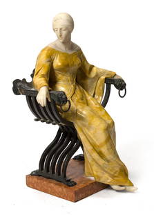 ANTONIO FRILLI MARBLE AND BRONZE SCULPTURE.: An exceptional ca. 1900 Antonia Frilli (It. 1860-1920) carved marble sculpture of a woman seated in a bronze Savonarola chair, resting on a rouge marble base, 27”H x 18”W x 16”D.