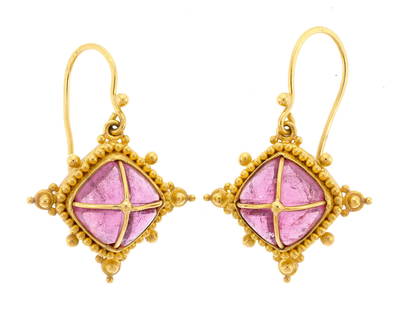 22K GOLD PINK TOURMALINE DANGLE EARRINGS.: A pair of 22k yellow gold (stamped) dangle earrings set with carved pink tourmaline, 22 mm, 1 1/4 inches long, 11.3 grams.