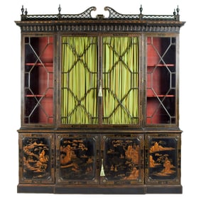 VINTAGE CHINESE CHIPPENDALE JAPANNED BREAKFRONT.