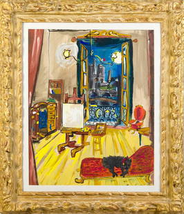 LUDWIG BEMELMANS GOUACHE, ARTIST’S STUDIO.: Ludwig Bemelmans (At. 1898-1962) gouache on paper, illustration of the artist’s studio in Paris, used on the inside cover of his 1948 book 'The Best of Times: An Account of Europe Revisited'. Depict