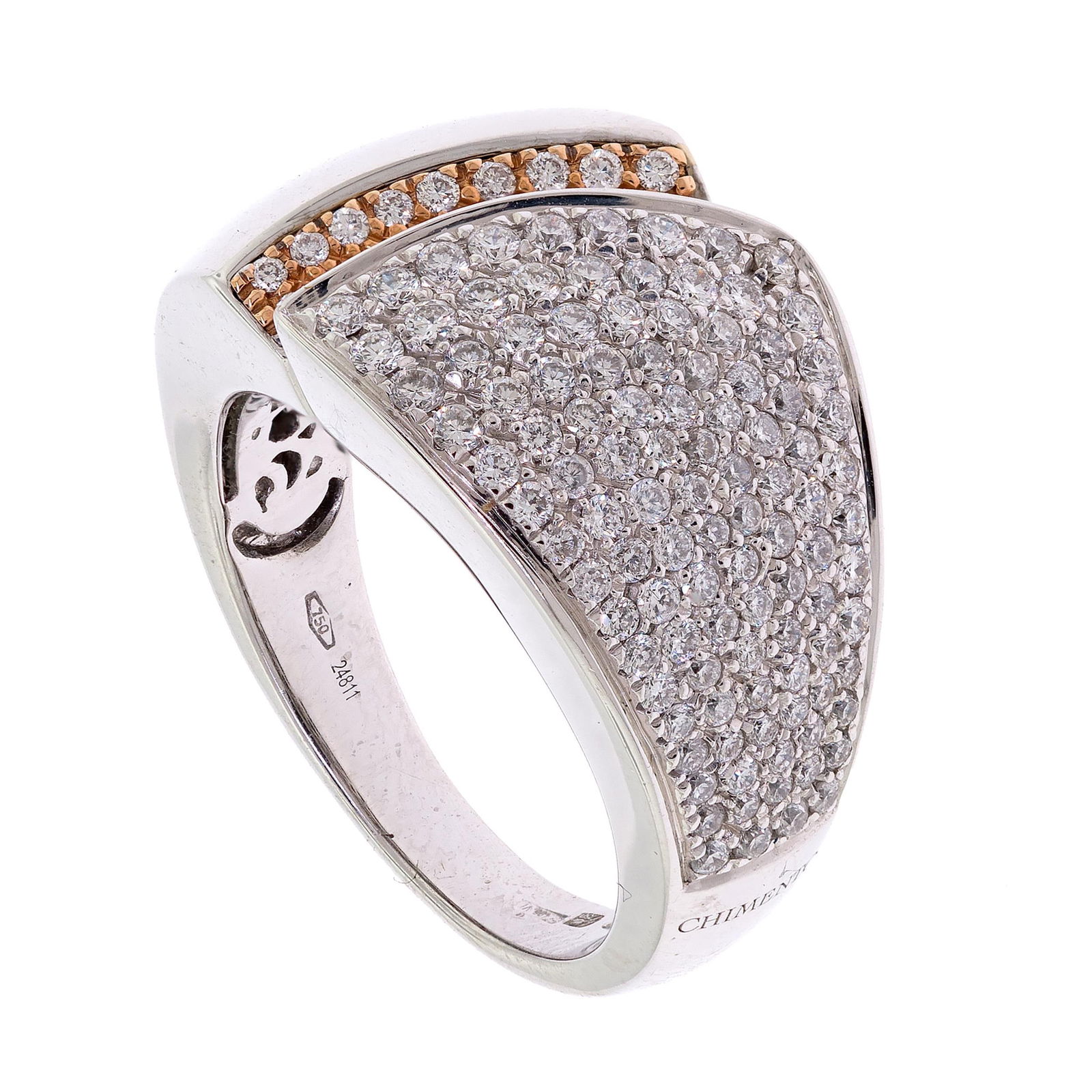CHIMENTO 18K GOLD 1.0 CT. TW. PAVE DIAMOND RING.: A Chimento signed, 18k white gold (stamped) ring with a rose gold crevice, that is pave set with approx. 1.0 ct. tw. round brilliant cut, natural diamonds of F-G color and VS clarity. Ring size 7, 13.