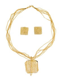 L'AZURDE 18K GOLD MESH WOVEN NECKLACE & EARRINGS.