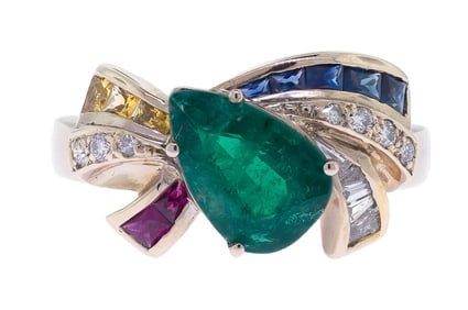 18K GOLD PEAR SHAPE EMERALD, SAPPH, RUBY & DIAM RING.
