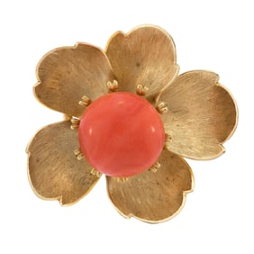 VINTAGE 14K GOLD CORAL BUTTON BLOSSOM PIN.