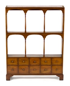 ANTIQUE ENGLISH MAHOGANY BOOKSHELF OVER DRAWERS.