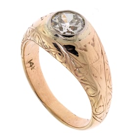 GENTS ANTIQUE 14K GOLD 1.35 CT OLD EURO DIAMOND RING.