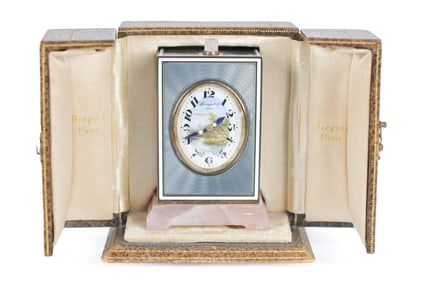 BREGUET GUILLOCHE ENAMEL & QUARTZ CARRIAGE CLOCK.