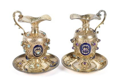 PAIR ANTIQUE AUSTRIAN GILT SILVER & JEWELED EWERS.