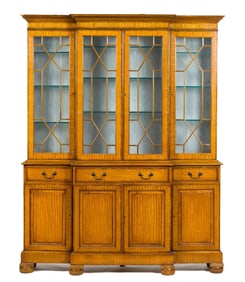 FINE ENGLISH EDWARDIAN SATINWOOD BREAKFRONT CABINET.