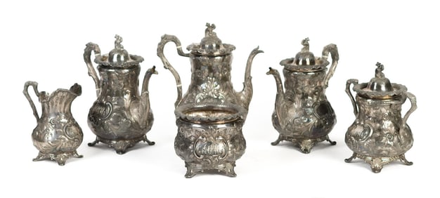 19TH C. COIN SILVER TEA SERVICE, 6 PCS.