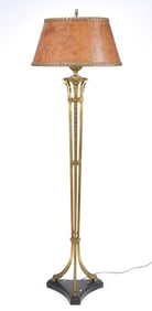 GILT BRONZE FLOOR LAMP WITH MICA SHADE.