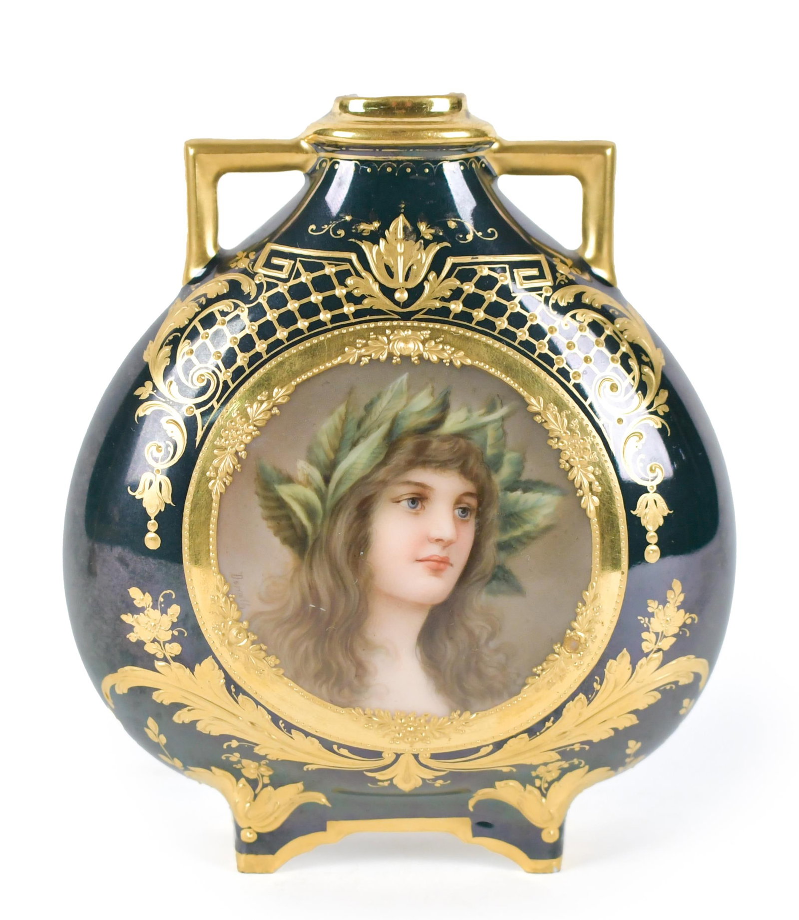 ROYAL VIENNA PILLOW PORTRAIT VASE.: A ca. 1900 Royal Vienna pillow vase with portrait of Medora, artist signed Donath, with gilt tracery decoration, and blue beehive mark. 6.25”H x 5.5”H.